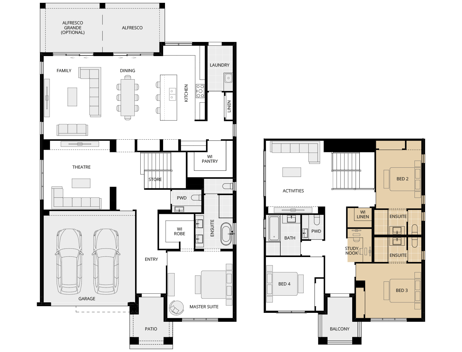 two storey home design cranbourne executive ensuite to bed 2 and 3 floorplan rhs