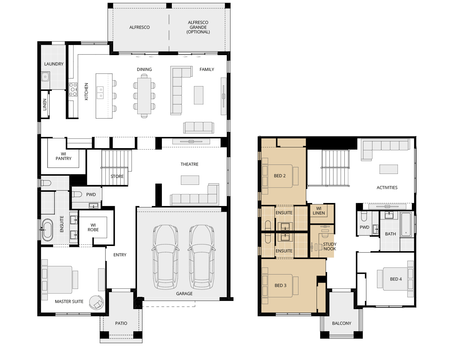 two storey home design cranbourne executive ensuite to bed 2 and 3 floorplan rhs