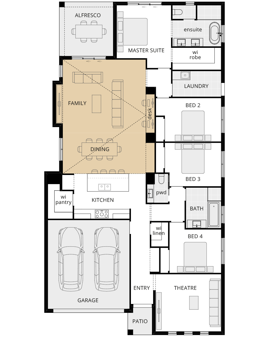 single storey option floorplan wyndham raked ceiling to family/dining rhs