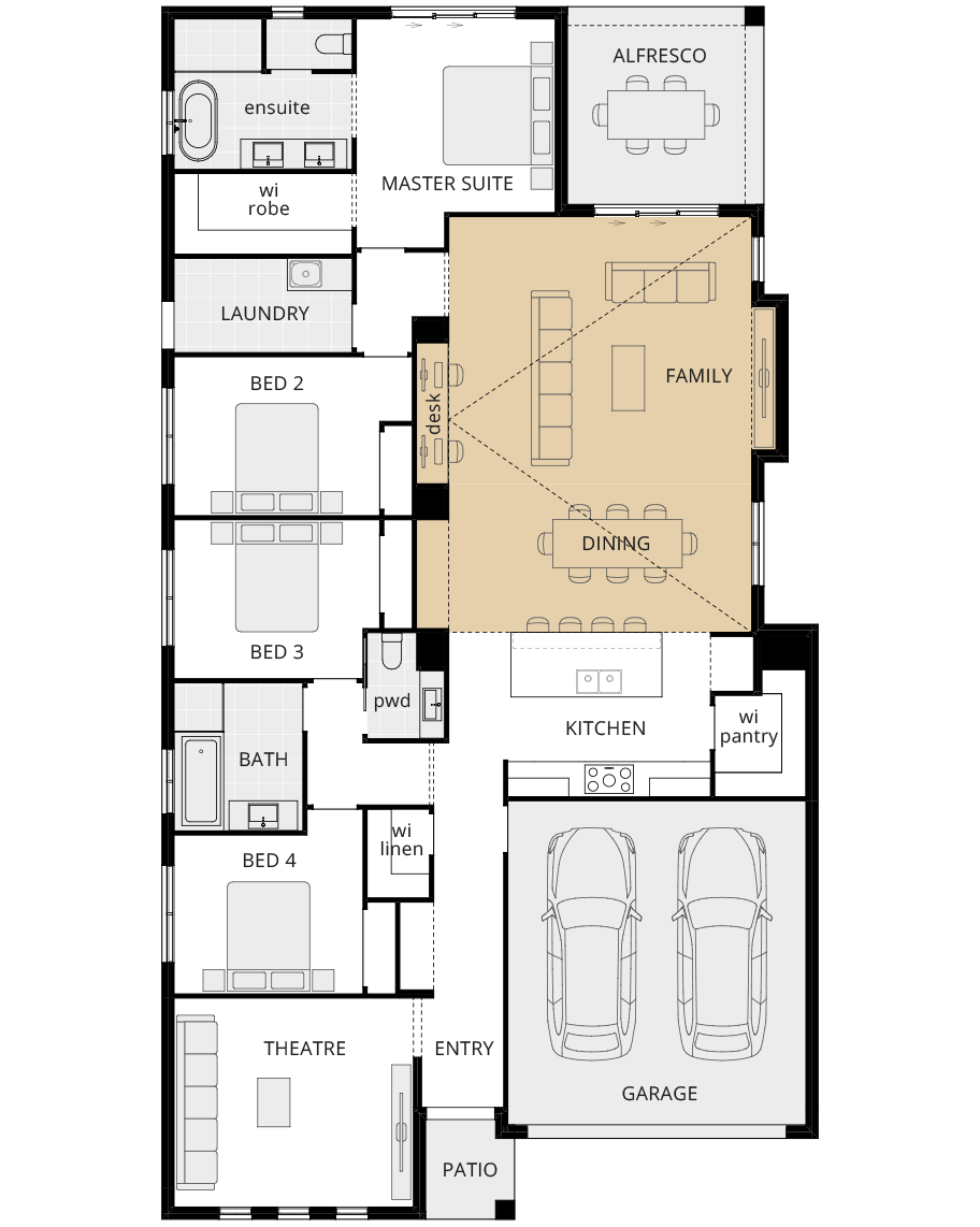 single storey option floorplan wyndham raked ceiling to family/dining rhs