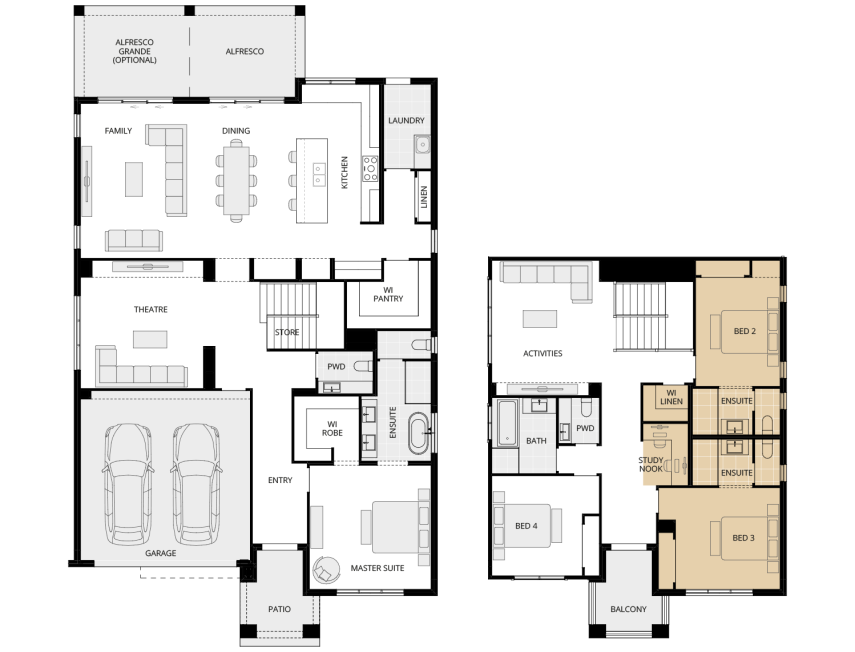 two storey home design cranbourne executive ensuite to bed 2 and 3 floorplan lhs