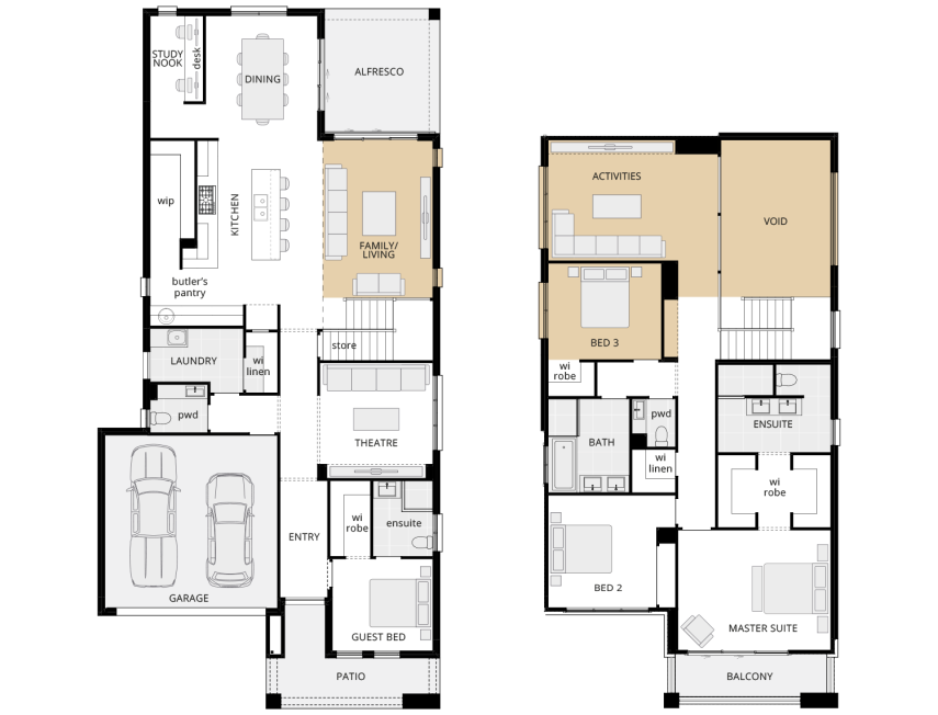 two storey house design manhattan 38 upgrade option three bedroom with void lhs