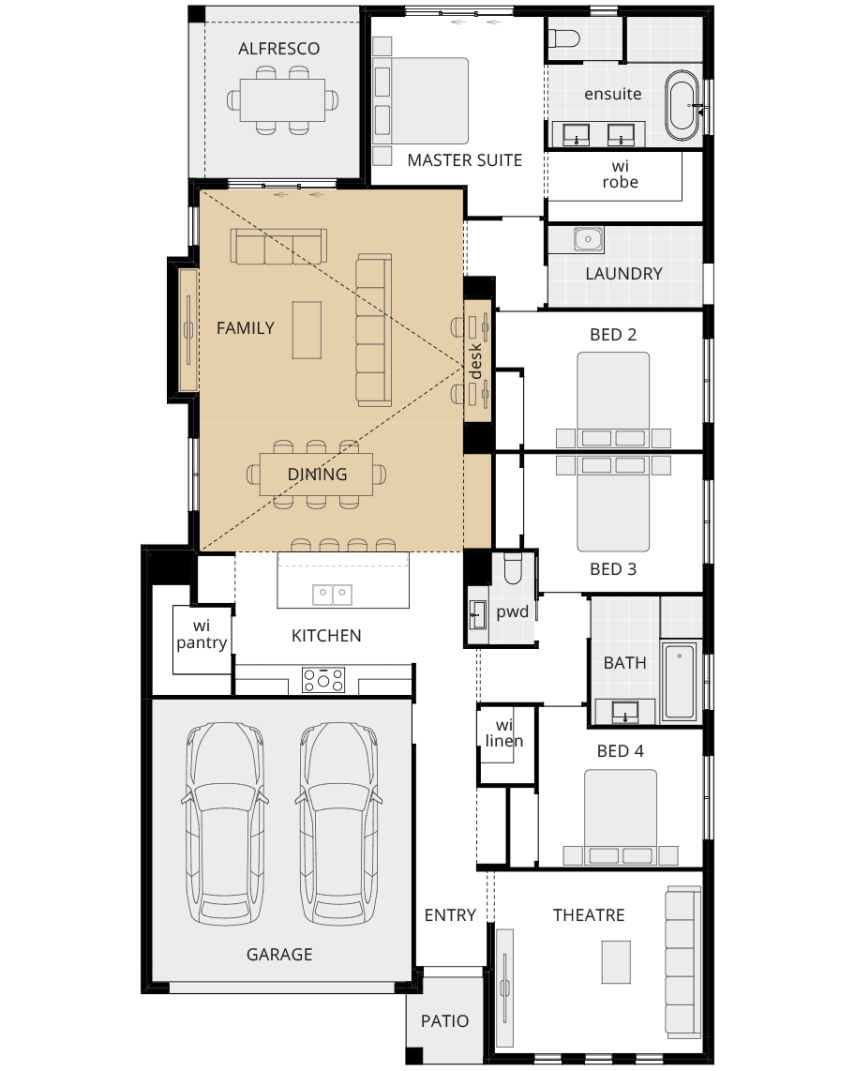 single storey option floorplan wyndham raked ceiling to family/dining lhs