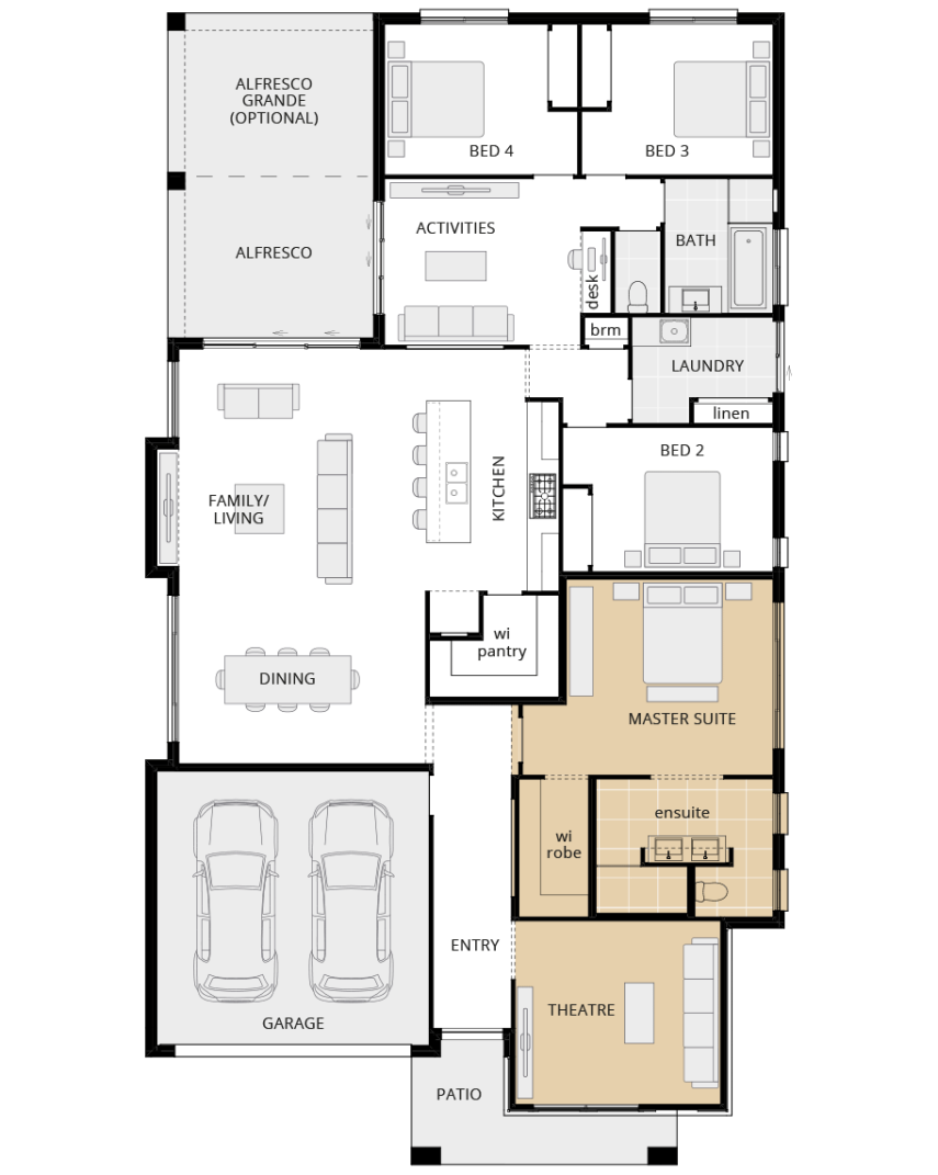 single storey home design havana grande option floorplan front theatre lhs