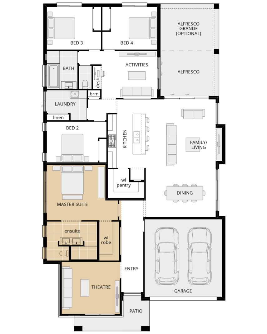 single storey home design havana grande option floorplan front theatre rhs