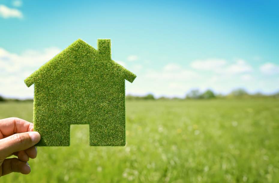 Green eco house environmental background in field for future residential building plot